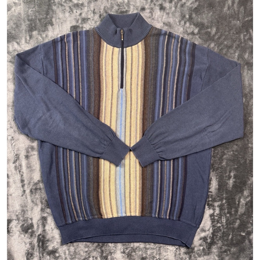 Vintage Tosani Canada Men's XL 100% Cotton Striped 1/4 Zip Sweater 80s 90s